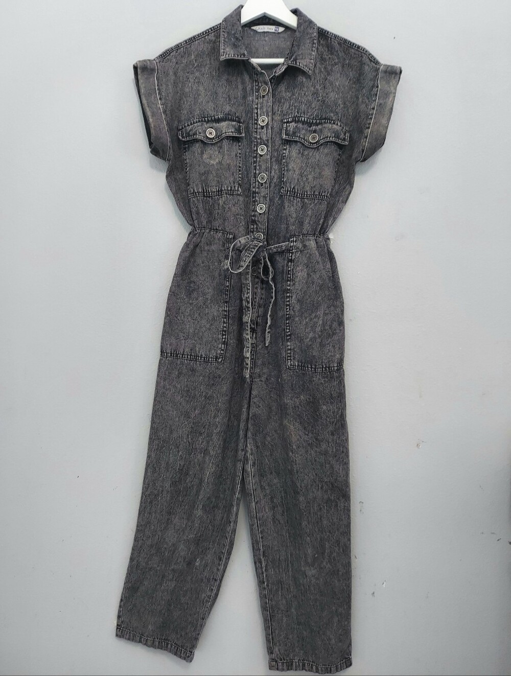 Given Kale Acid Wash Black Denim Jumpsuit Medium Petite 90s Vintage Utility Chic
